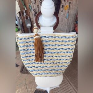 Sam Edelman Woven Straw Tote Blue & Cream Stripe Tassel Wooden Handle Summer Bag